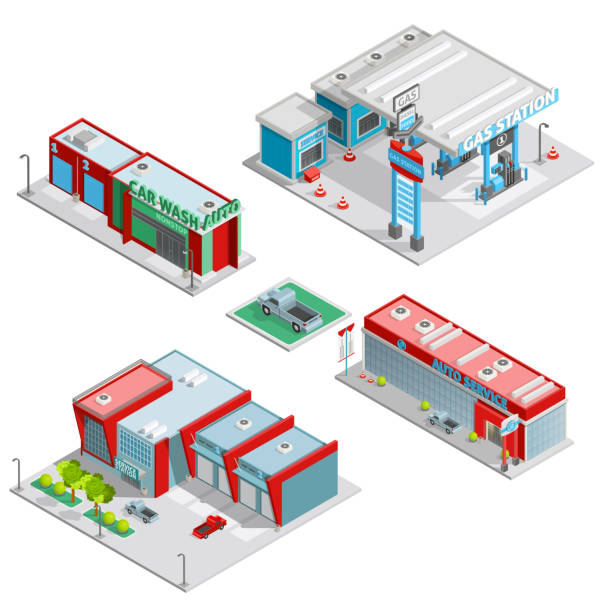 illustrations, cliparts, dessins animés et icônes de bâtiments de services automobiles isométriques - isometric gas station transportation car