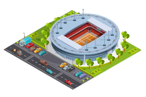 ilustrações, clipart, desenhos animados e ícones de composição do estádio esportivo isométrico - tennis open
