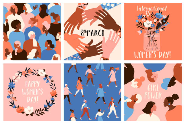 ilustrações de stock, clip art, desenhos animados e ícones de collection of greeting card or postcard templates with flower bouquet in vase, floral wreath, feminism activists and happy women's day wish. modern festive vector illustration for 8 march celebration. - protests human rights
