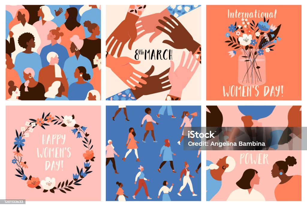 Collection of greeting card or postcard templates with flower bouquet in vase, floral wreath, feminism activists and Happy Women's Day wish. Modern festive vector illustration for 8 March celebration. Women stock vector