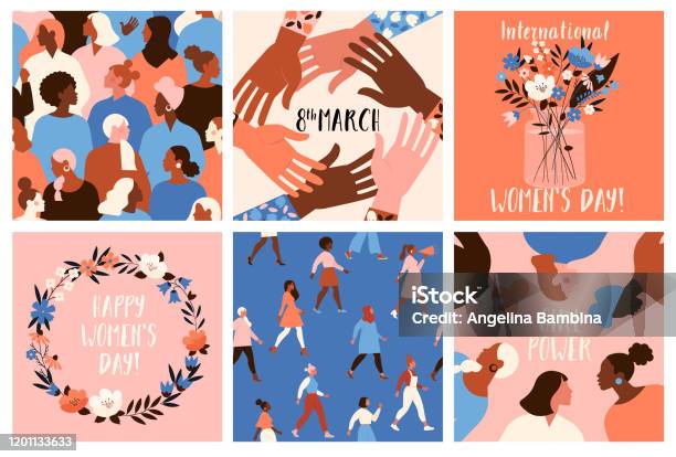 Collection Of Greeting Card Or Postcard Templates With Flower Bouquet In Vase Floral Wreath Feminism Activists And Happy Womens Day Wish Modern Festive Vector Illustration For 8 March Celebration Stock Illustration - Download Image Now