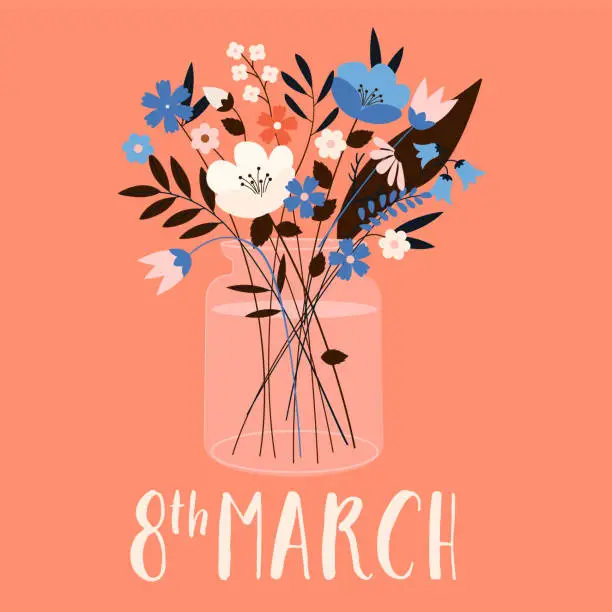 Vector illustration of International Women's Day with spring bouquet. Vector template for card, poster, flyer and other users.