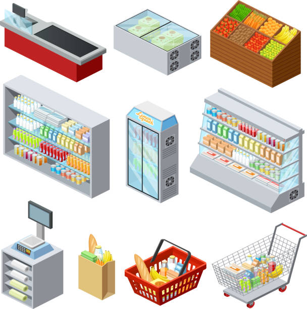 ilustrações de stock, clip art, desenhos animados e ícones de isometric supermarket icons - department store shopping mall store inside of