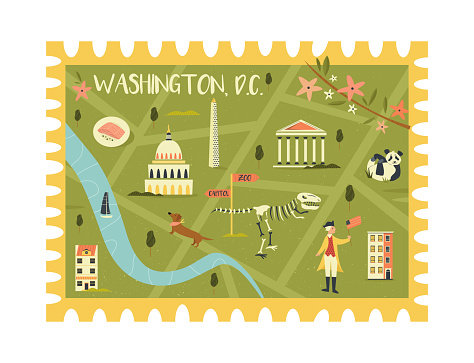 Postal stamp with Washington city map with landmarks and symbols. Vector illustration, travel design