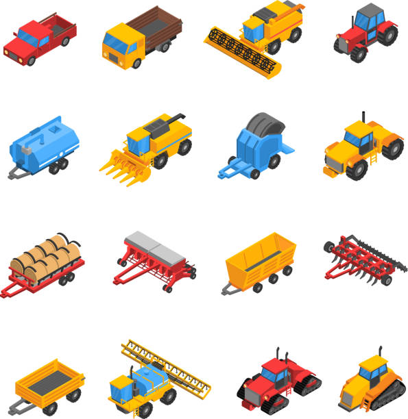 agricultural machines isometric Isometric set with decorative colored isolated icons of agricultural machines and equipment vector illustration tractor illustrations stock illustrations