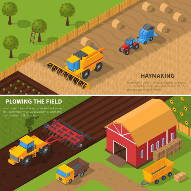 maszyny rolnicze banery izometryczne - isometric combine harvester tractor farm stock illustrations