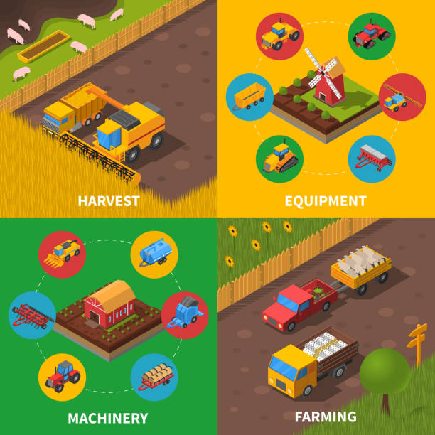 maszyny rolnicze izometryczne 2x2 - isometric combine harvester tractor farm stock illustrations