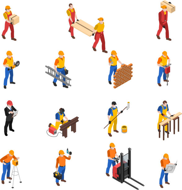 worker people isometric Builders work at construction site isometric icons collection with mason carpenter and project manager isolated vector illustration mason craftsperson stock illustrations