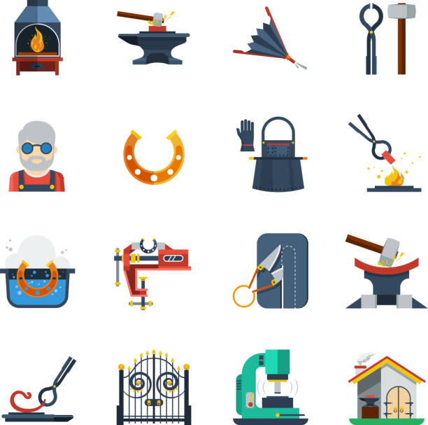 blacksmith icon flat Blacksmith flat color icons set with hammer  anvil tongs clamp horseshoe isolated vector illustration bellows stock illustrations
