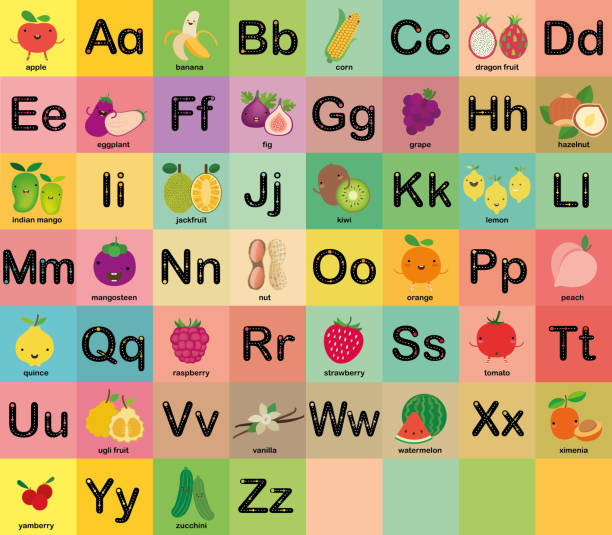ilustrações de stock, clip art, desenhos animados e ícones de a-z fruit alphabet set for kids, vector illustration - letter alphabet symbol fruit