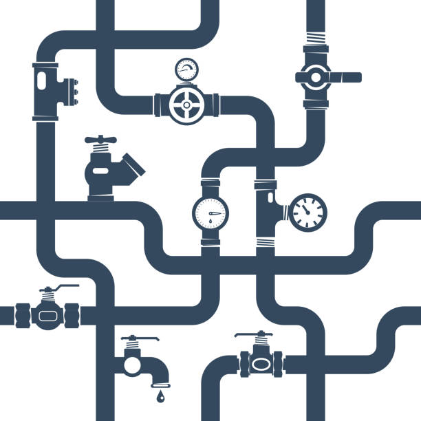 pipes background Pipes System Concept. Pipes Vector Illustration.Pipes Black White Flat Symbols. Pipes Black Design Set. Pipes System Decorative Elements. manufacturing sourcing stock illustrations