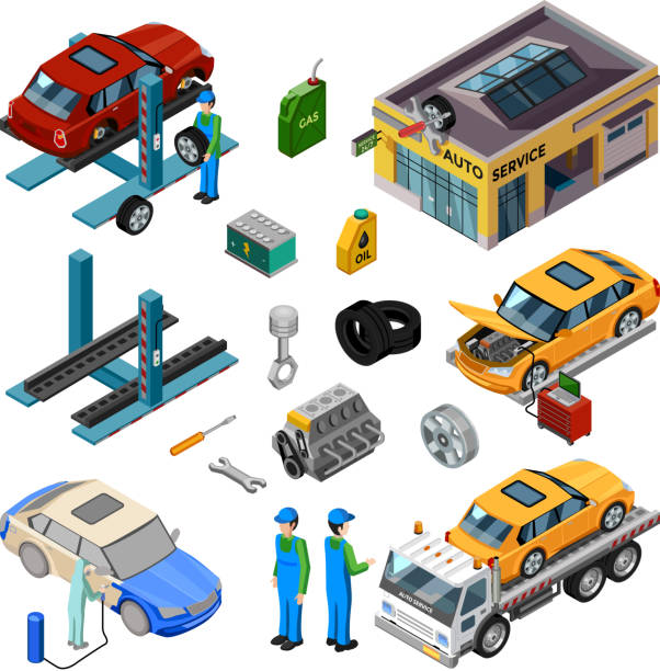ilustraciones, imágenes clip art, dibujos animados e iconos de stock de servicio de coche isométrico - expendable