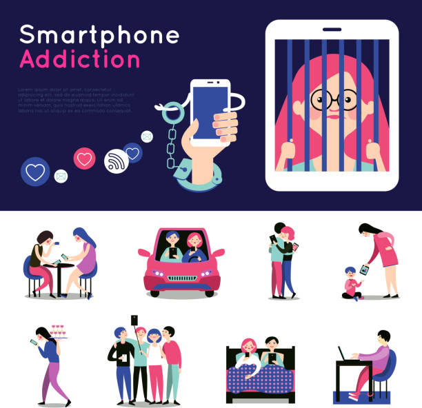 illustrations, cliparts, dessins animés et icônes de bannières de dépendance de smartphone - sleaze