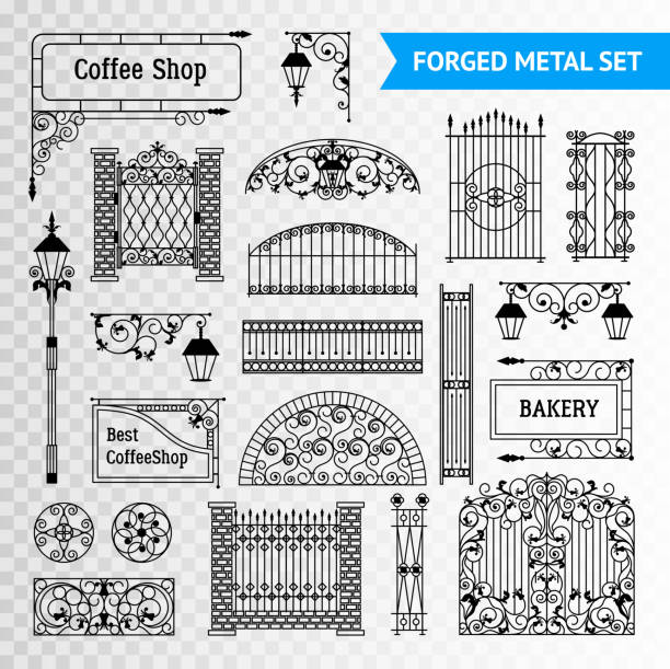 ilustrações de stock, clip art, desenhos animados e ícones de decorative fences forged metal element transperent set - iron gate