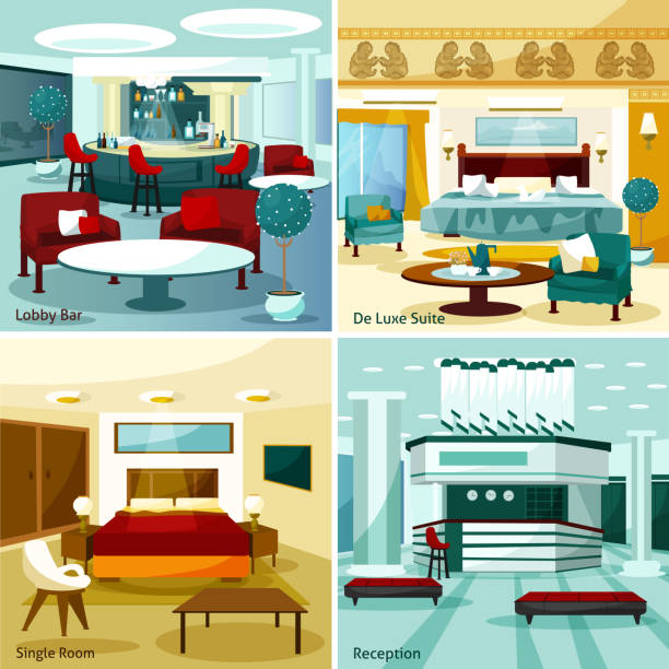 ilustraciones, imágenes clip art, dibujos animados e iconos de stock de hotel interior 2x2 - hotel reception symbol chair domestic room