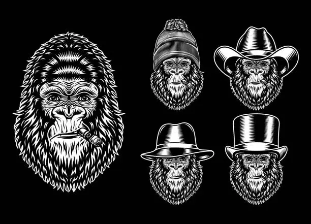 Vector illustration of Collection Of Gorilla Smoking Characters