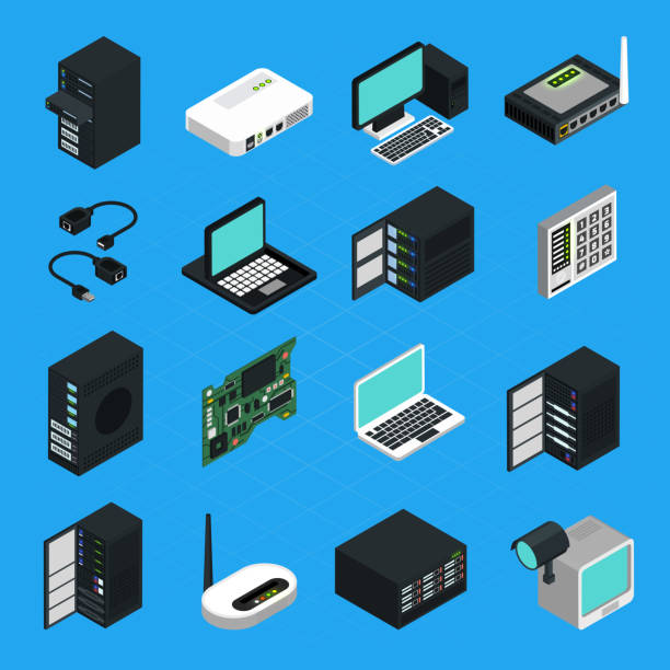 rechenzentrums-serverausrüstung isometrisch - usb cable illustrations stock-grafiken, -clipart, -cartoons und -symbole