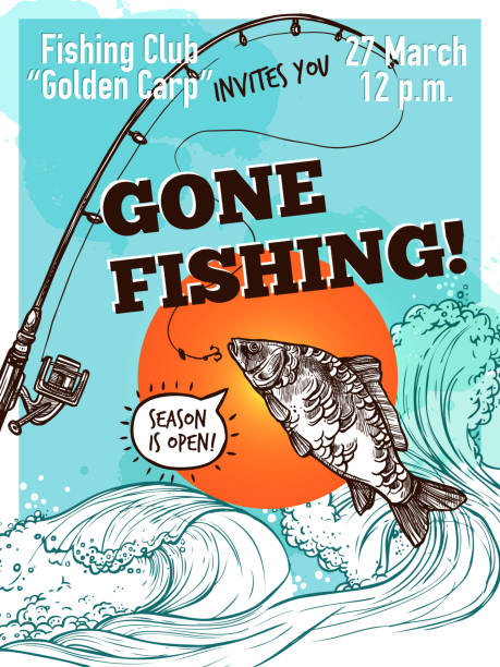 fishing poster Gone fishing advertising poster of carp fishing rod on background with sea sky and sun sketch vector illustration fishing stock illustrations