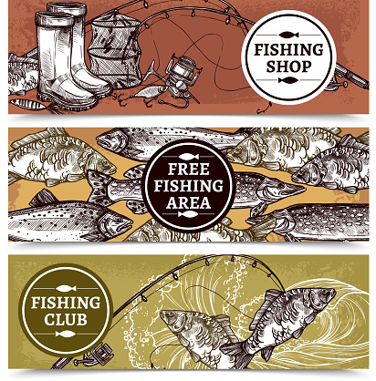 Hand drawn horizontal banners of fishing shop with equipment free fishing area with fishes and club vector illustration