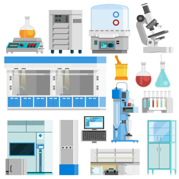 science icons orthogonal flat Science flat color isolated icons set of tools for natural sciences research and highly technological laboratory equipment flat vector illustration fume cupboard stock illustrations