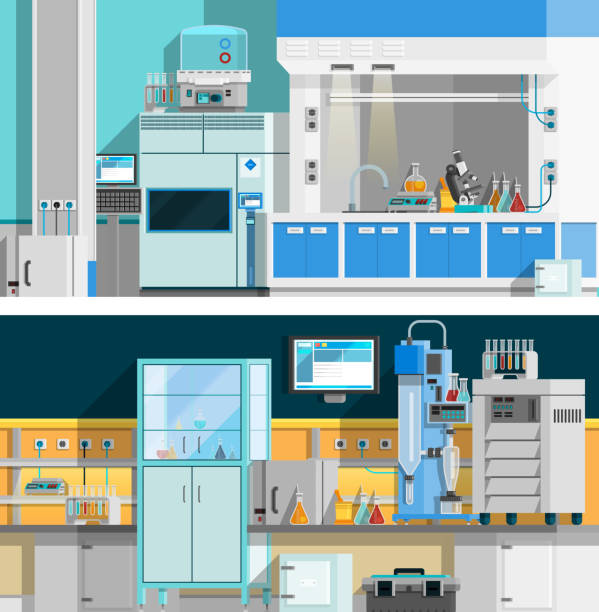 science icons orthogonal compositions Two science laboratory horizontal banners with compositions of workspace for chemical experiments in modern interior flat vector illustration fume cupboard stock illustrations