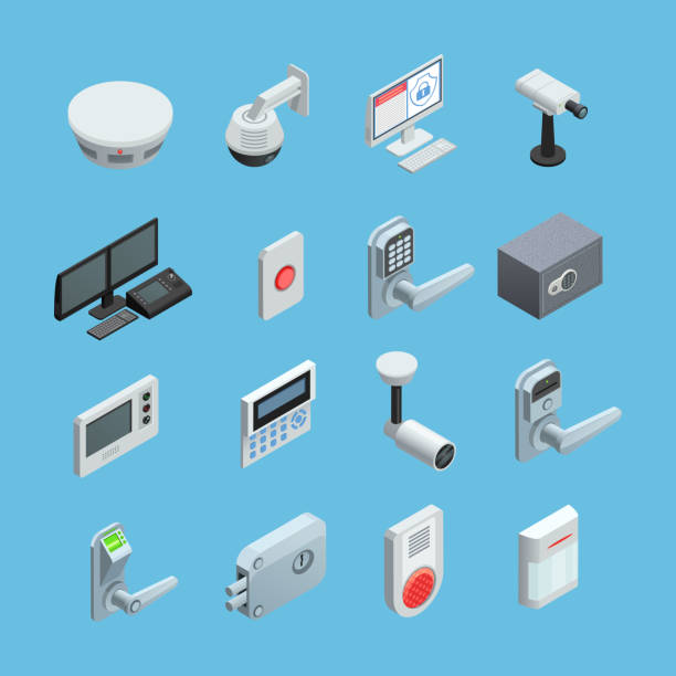 home security isometric icons Home security system elements isometric icons collection with surveillance motion sensor camera with alarm abstract isolated vector illustration sensor stock illustrations