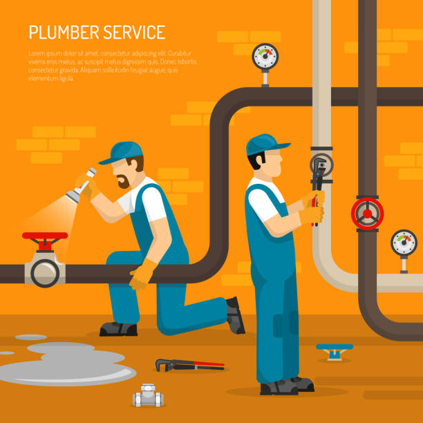 ilustrações de stock, clip art, desenhos animados e ícones de plumbing work illustration - water pipe sewer pipeline leaking