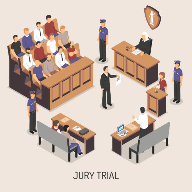 law justice illustration Jury trial isometric composition with officers of police court defendant lawyer witnesses on white background vector illustration police interview stock illustrations