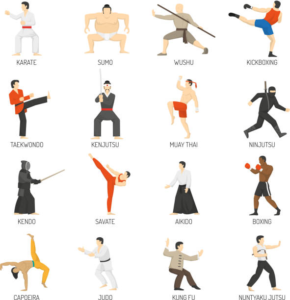 martial arts set Martial arts decorative flat icons set with sumo karate judo ninja taekwondo kung fu isolated vector illustration karate illustrations stock illustrations
