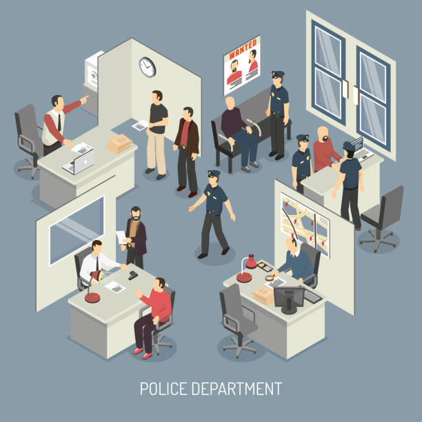 police department law illustration Police department isometric composition with policemen visitors arrested persons interrogation office interior on blue background vector illustration police interview stock illustrations