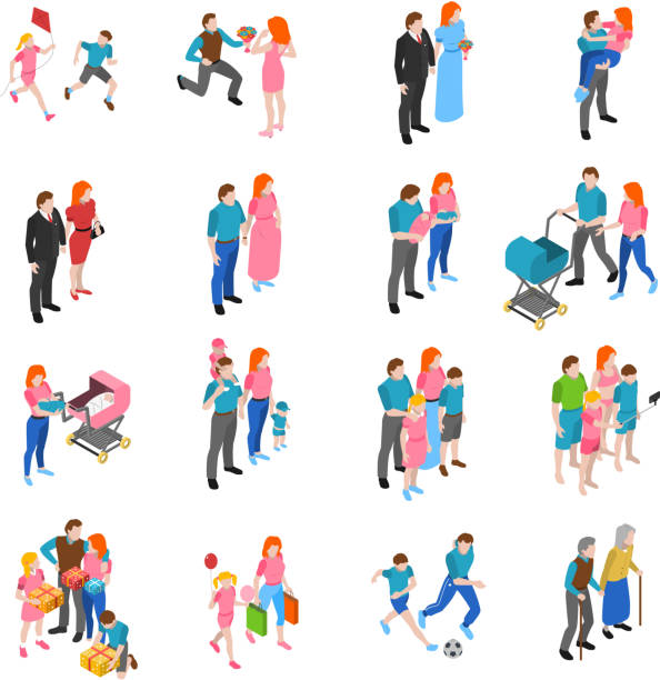 illustrazioni stock, clip art, cartoni animati e icone di tendenza di persone isometriche di famiglia - carrozzina