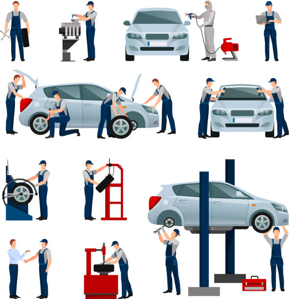 auto mechanic car service people Flat icons set of different workers in car and tire service doing their work isolated vector illustration mechanic stock illustrations
