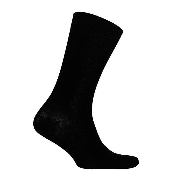 istock Blank black cotton long sock on invisible  foot isolated on white background as mock up for advertising, branding, design, side view, template. 1201139297