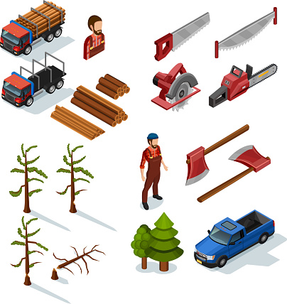 Lumberjack isometric color icons set of woodworking tools lumber trucks woodcutters in uniform  on white background flat isolated vector illustration