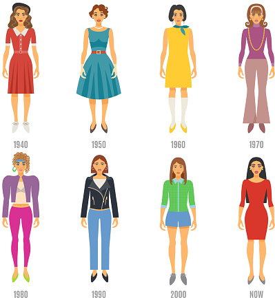 Women Fashion Icons Set. Fashion Evolution Vector Illustration. Woman Fashion Evolution Decorative Set.  Fashion Evolution Design Set. Fashion Evolution Flat Isolated Set.