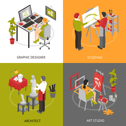 Architect graphic designer and painters working in art studio isometric 2x2 icons set isolated vector illustration