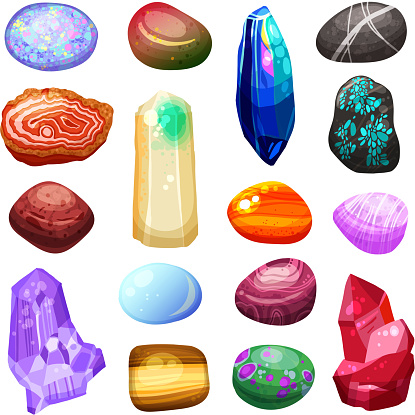 Bright multicolored crystal stones and rocks of different size and shape with various textures on white background cartoon isolated vector illustration