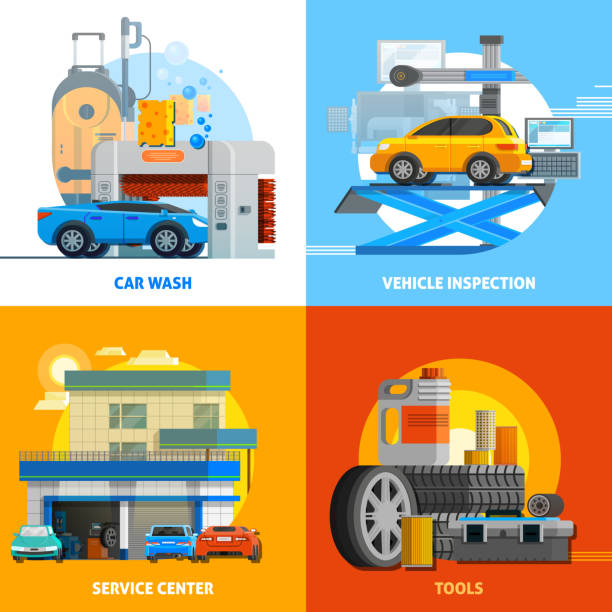 ilustrações de stock, clip art, desenhos animados e ícones de auto service orthogonal flat 2x2 - expendable