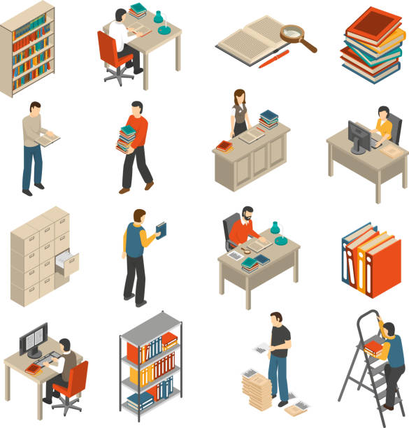 document archive library isometric set Historical documents manuscripts and publications storage library archive catalog helves isometric icons set abstract isolated vector illustration organized bookshelf stock illustrations