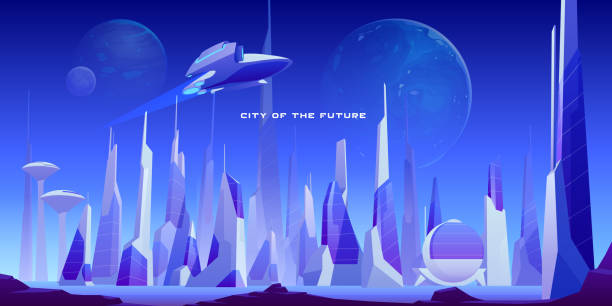 Futuristic urban landscape of city and spaceship Urban landscape of future city with modern buildings, planets in night sky and flying spaceship. Vector futuristic cityscape with skyscrapers and rocket. Illustration of cyberpunk town rocketship silhouettes stock illustrations