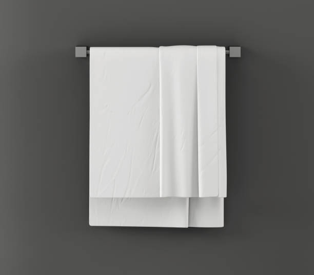 흰색 매달려 수건 모형 - 3d 그림 - towel hanging bathroom railing 뉴스 사진 이미지