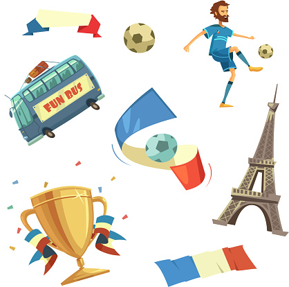 Football championship in France retro style decorative icons set isolated vector illustration