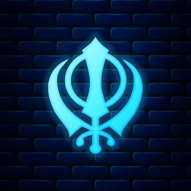 glühende neon sikhismus religion khanda symbol symbol isoliert auf ziegelwand hintergrund. khanda sikh symbol. vektor-illustration - khanda stock-grafiken, -clipart, -cartoons und -symbole