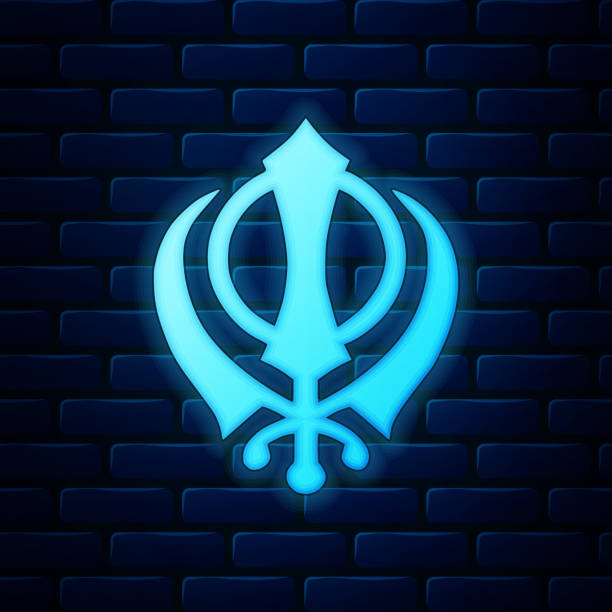 illustrazioni stock, clip art, cartoni animati e icone di tendenza di incandescente neon sikhism religione khanda icona simbolo isolato su sfondo muro di mattoni. simbolo di khanda sikh. illustrazione vettoriale - khanda
