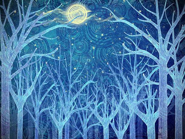 istock Drawing of blue leafless tress and a bright white moon 120114366