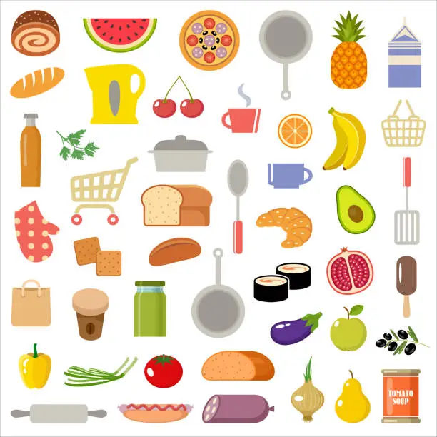 Vector illustration of Set of kitchen items and products.