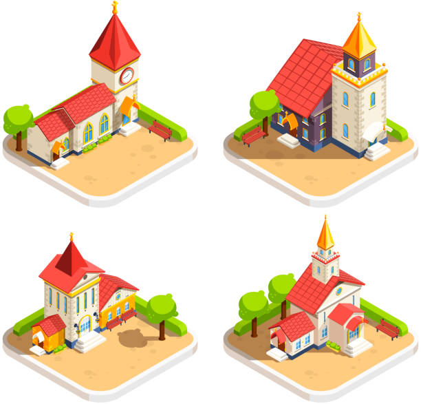 ilustrações de stock, clip art, desenhos animados e ícones de church isometric - people cemetery church urban scene