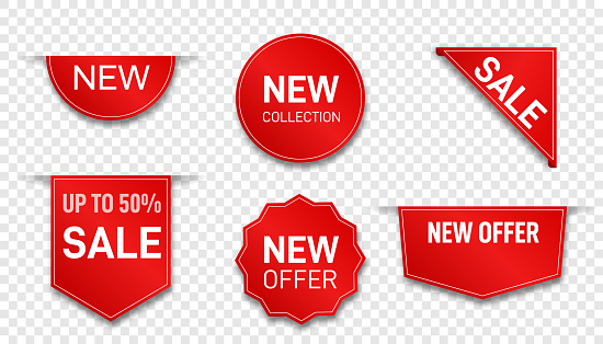 Tags sale set. Vector badges and labels isolated. 3d Labels And Badges. Red Scroll Ribbons.