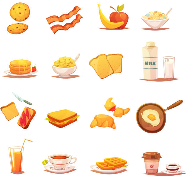 завтрак набор элемент ретро мультфильм - bread waffle bacon toast stock illustrations