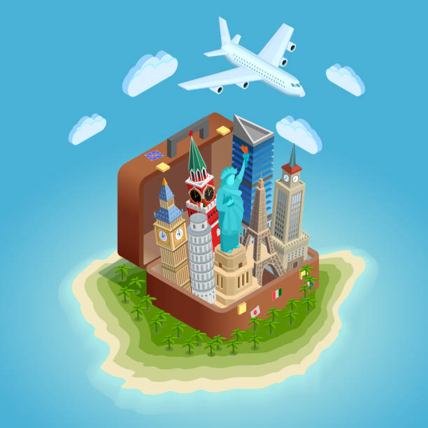 traveling concept Poster of big suitcase on island with famous towers and statue aircraft in sky isometric vector illustration pisa sculpture stock illustrations
